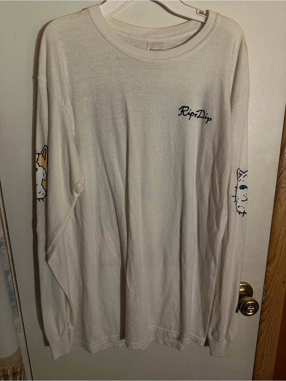Ripndip White Long Sleeve Tee with Sleeve Cat Artwork